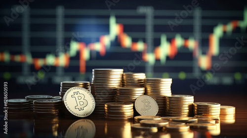 Gold bars on the background of the growth chart. Selective focus