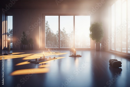 Empty zen room or yoga studio with panoramic windows. ai generative