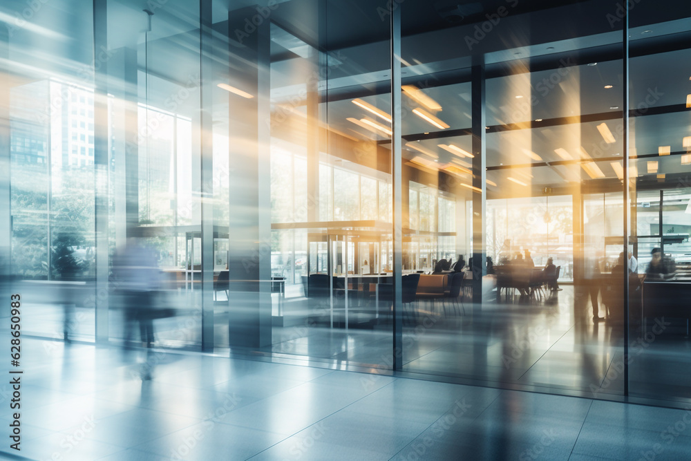 Business, interior concept. Blurred image of business office building interior. Sunlight beams effect. Background with copy space. Generative AI Business, interior concept. Blurred image of business office building interior. Sunlight beams effect. Background with copy space. Generative AI