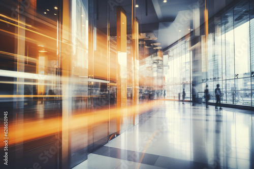 Business  interior concept. Blurred image of business office building interior. Sunlight beams effect. Background with copy space. Generative AI