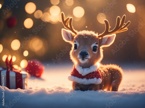 Little cute baby reindeer on winter christmas clothes. ai generative © Igor