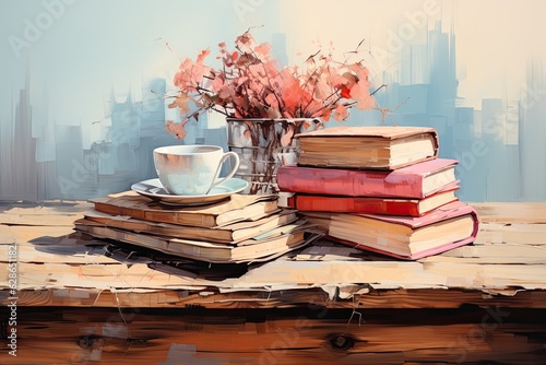 The illustration depicts a wonderful scene with a cup of coffee and books offering a perfect moment of enjoyment and relaxation. Generative Ai.