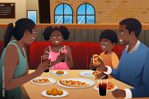 African American Family Eating Pizza at a Restaurant Vector Illustration