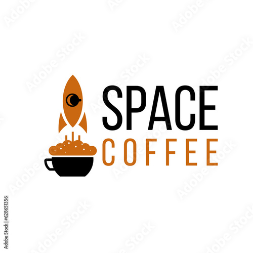 Concept logo with a rocket and a cup of coffee.Vector illustration