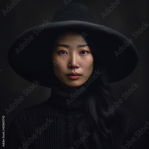 A head and shoulders studio portrait of a middle-aged Asian woman wearing a black hat and staring pensively at the viewer.