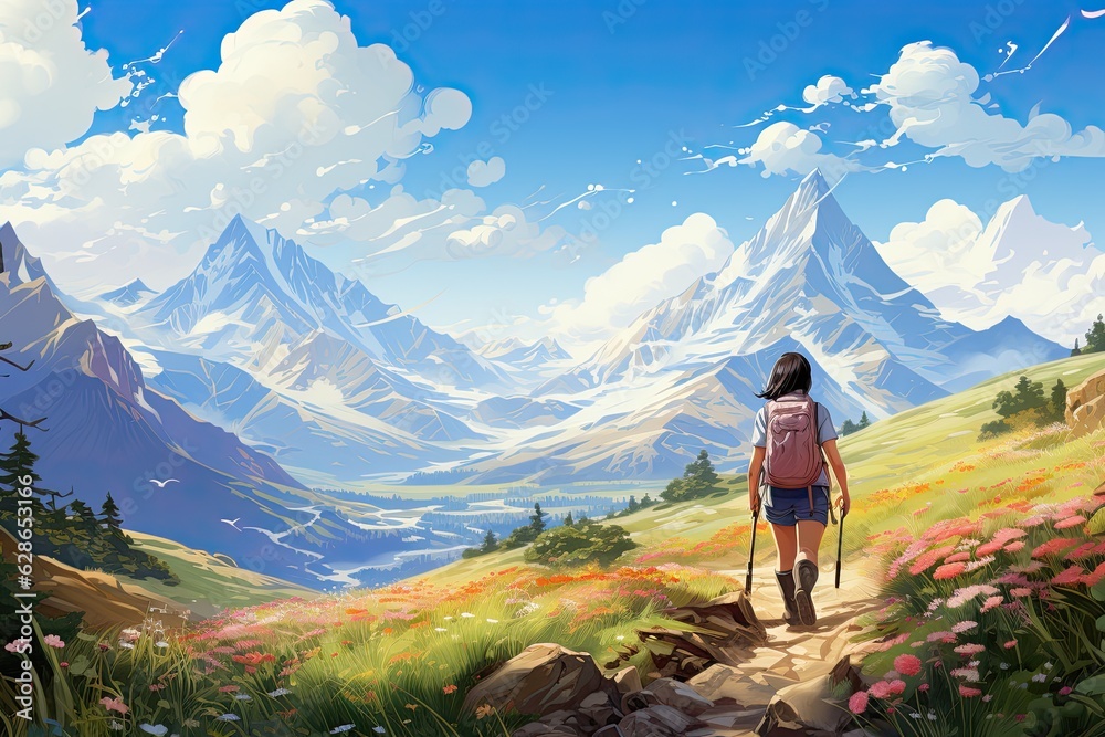 The illustration depicts friends hiking and exploring the mountains together, enjoying nature's beauty and creating lasting memories of their adventurous journey. Generative Ai.