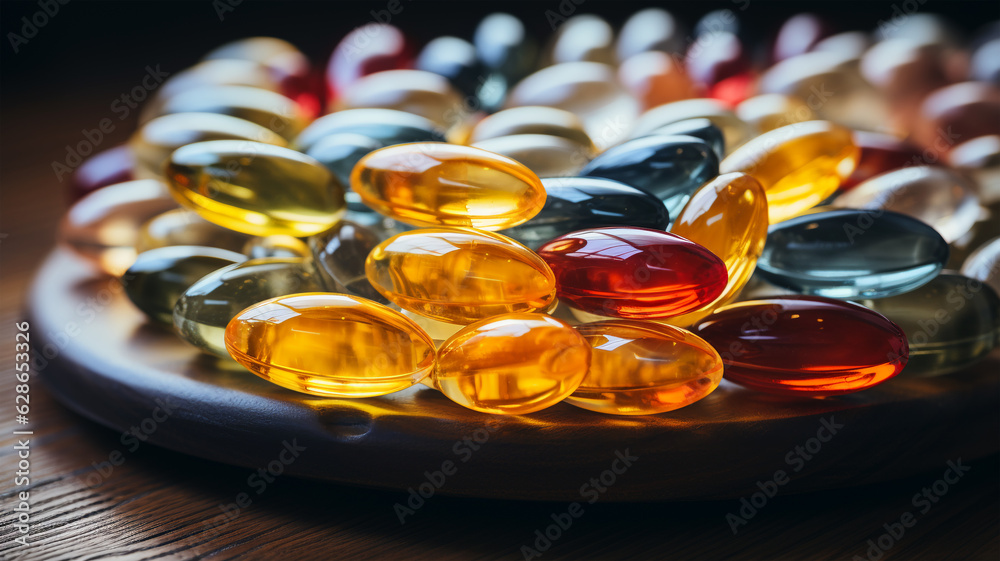 Omega 3 vitamin capsules, healthy living,nutritional supplements, for a pharmacy advertisement, generative AI Omega 3 vitamin capsules, healthy living,nutritional supplements, for a pharmacy advertisement, generative AI