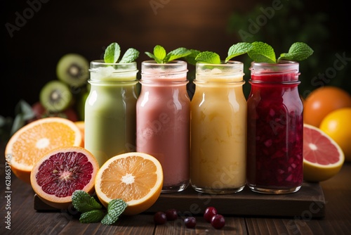 Shots of fresh juices , different fruits and colors, natural energizing Immune-boosting with healthy vitamins and nutrients, created with Generative AI