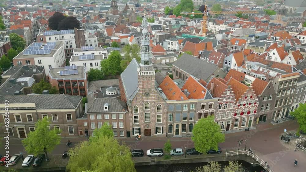 Aerial drone video of an old canal house in Leiden the Netherlands Aerial drone video of an old canal house in Leiden the Netherlands