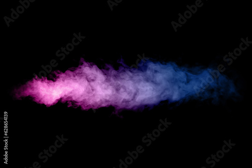 close up of colorful pink and blue steam smoke in mystical and fabulous forms on black background.