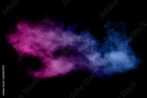 close up of colorful pink and blue steam smoke in mystical and fabulous forms on black background.