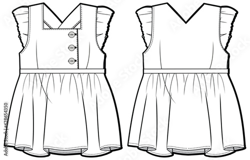 Girls pinafore Dress frock design flat sketch fashion illustration vector template with front and back view, Toddler baby girl wing ruffle sleeve frock dress