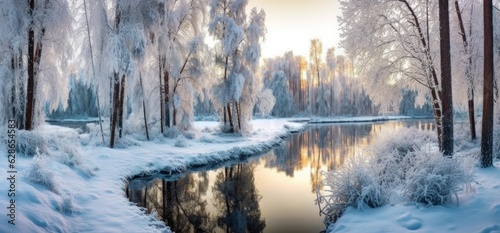 Pond and winter landscape in a wooded area on snowy day in panorama style.