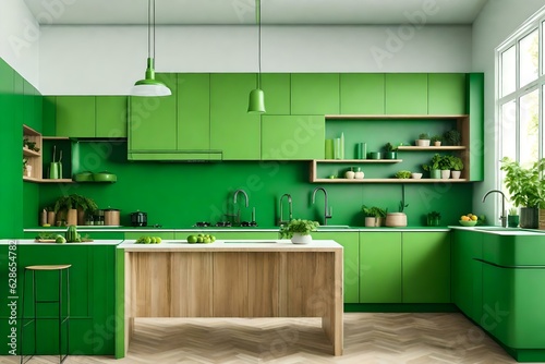 Green kitchen and minimalist interior design