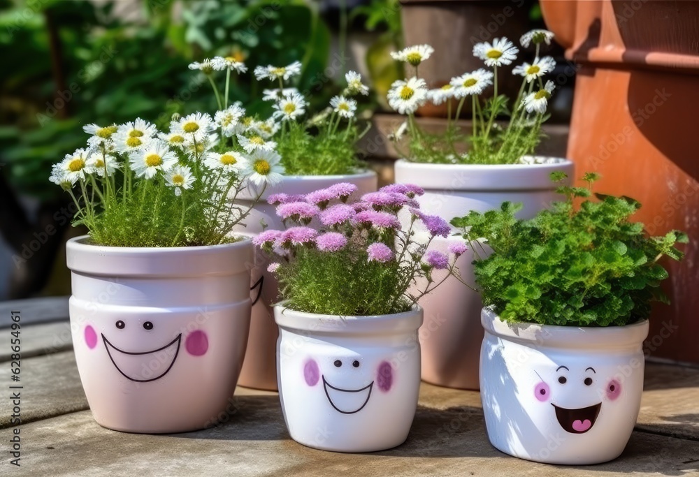 Flowers in pots with cute smiley faces.