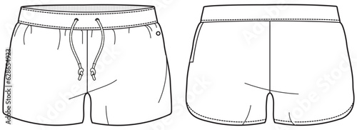 Men's trail shorts front and back view flat sketch fashion illustration, running Jogger short drawing vector template