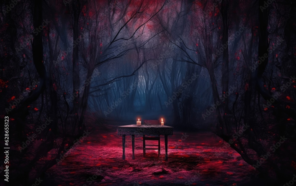 Spooky forest landscape with wooden table in halloween style at night illuminated by moonlight.