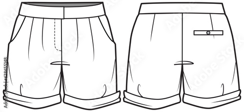 Womens casual shorts front and back view flat sketch fashion illustration