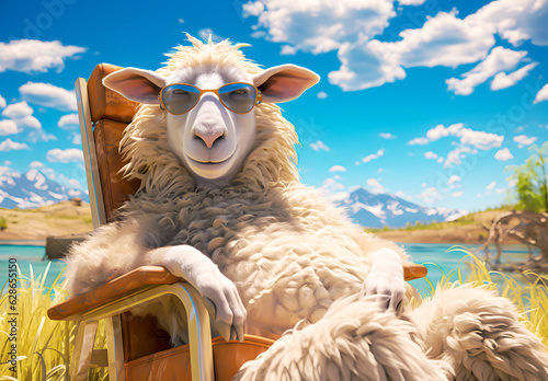 A contented sheep is enjoying a holiday on a sun lounger by the sea Under the Blue Sky with clouds - Vector illustration
