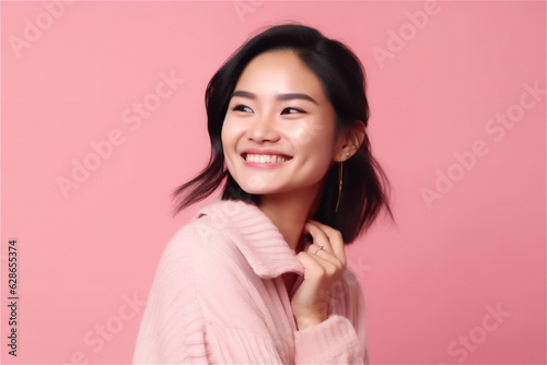asian mid adult woman smiling on a pink background © Loks