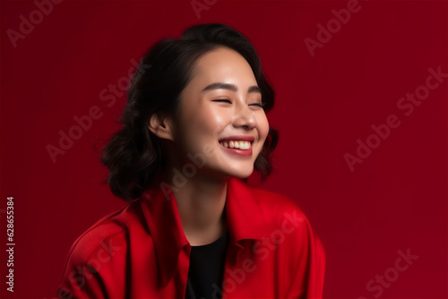 asian mid adult woman smiling on a red background