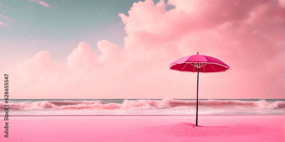 Pink umbrella, placed on a pink beach.