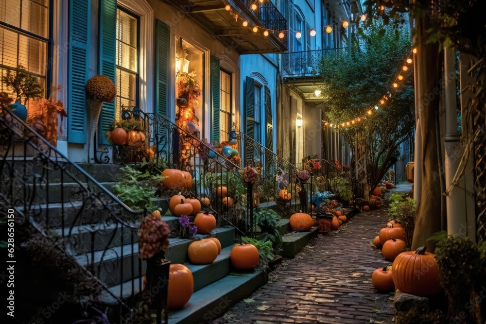 Halloween night concept with illuminated pumpkins, decorated streets, colorful decorations in front of houses on Halloween night.
