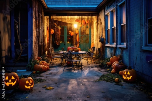 Halloween night concept with illuminated pumpkins, decorated streets, colorful decorations in front of houses on Halloween night. © OKAN
