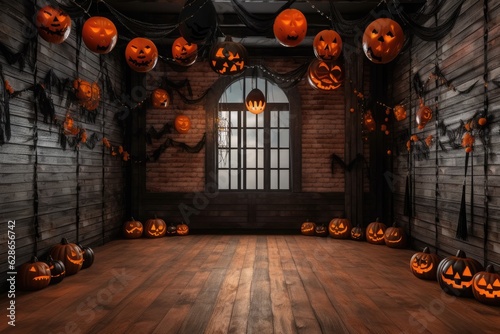 Rooms decorated with pumpkins  balloons and bat figures on a wooden floor set for a Halloween party.