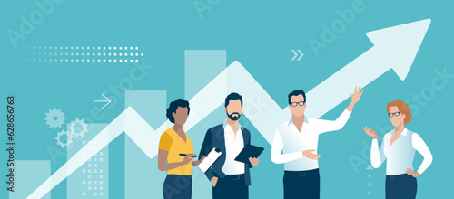 Profit. Growth. A group of businessmen points to a rising arrow sign. Business vector illustration. © bizvector