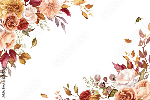 Fotografia, Obraz Autumn floral corner border with dahlia, rose and eucalyptus leaves