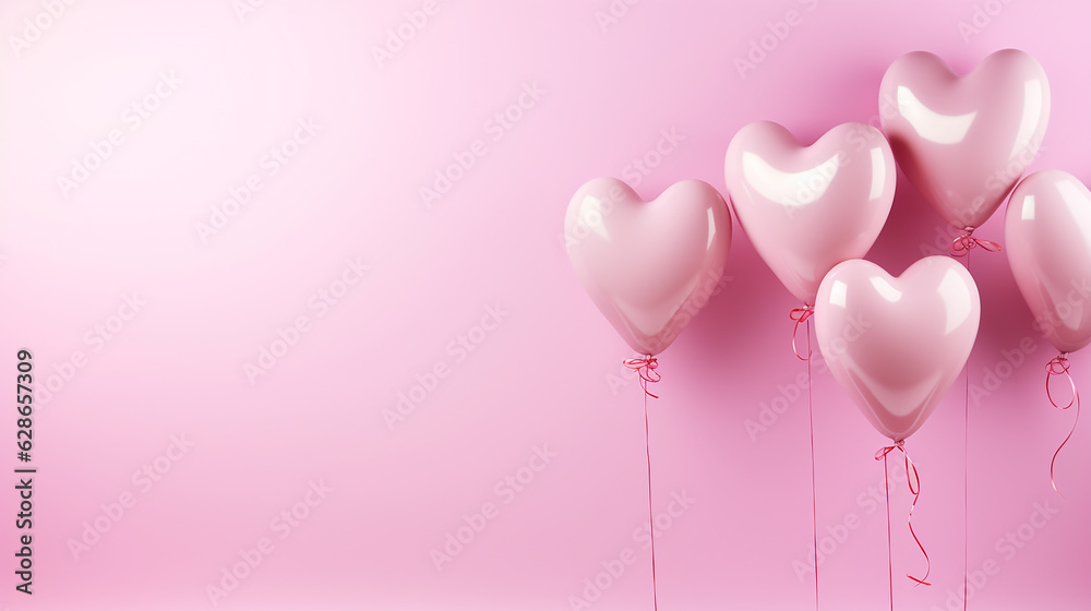 Balões de hélio em forma de coração rosa no fundo rosa, outubro rosa , saúde da mulher  - obrazy, fototapety, plakaty 