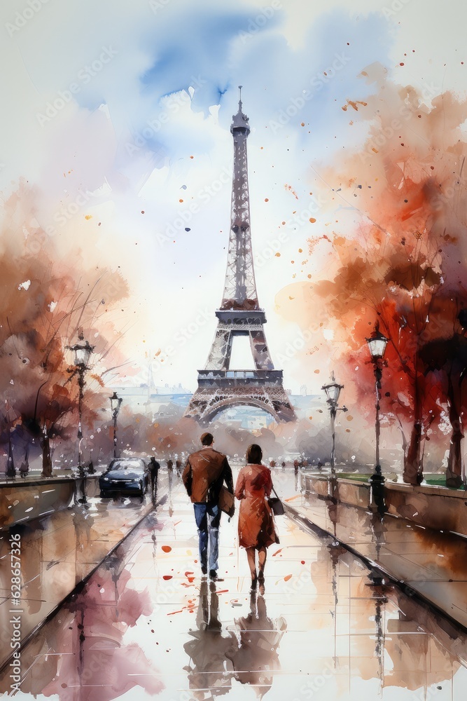 Watercolor couple of lovers holding hands on the background of the Eiffel Tower. Illustration for travel postcard, wedding invitation. Generative AI