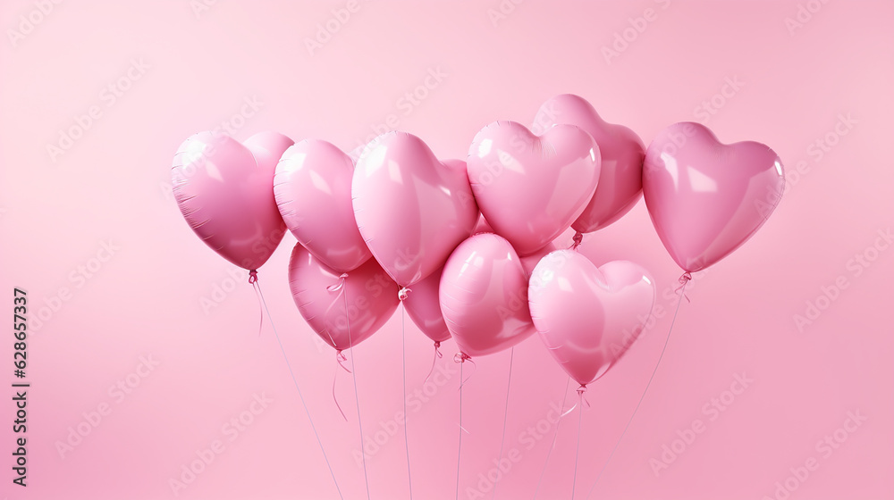 Balões de hélio em forma de coração rosa no fundo rosa, outubro rosa , saúde da mulher 
