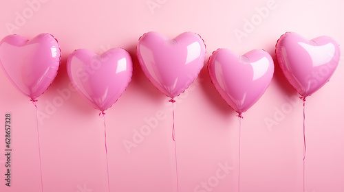 Balões de hélio em forma de coração rosa no fundo rosa, outubro rosa , saúde da mulher  photo