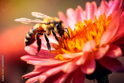 Bee wasp sitting on orange beautiful flower collects nectar gathering organic honey vibrant colorful summer natural beauty wildlife rural nature plants sunny day hardworking insect field flora macro