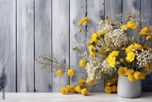 Special occasion flower bouquet on wooden background.