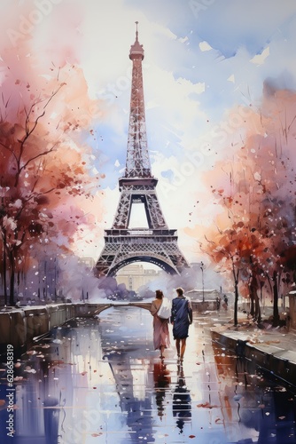 Watercolor couple of lovers holding hands on the background of the Eiffel Tower. Illustration for travel postcard  wedding invitation. Generative AI