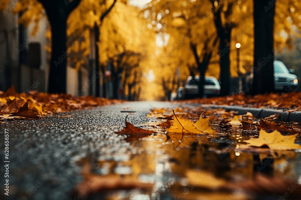 Empty road in city in autumn time. - obrazy, fototapety, plakaty 