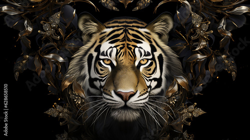 rei tigre com coroa de rei dourado arte de luxo folhas douradas, fundo preto,