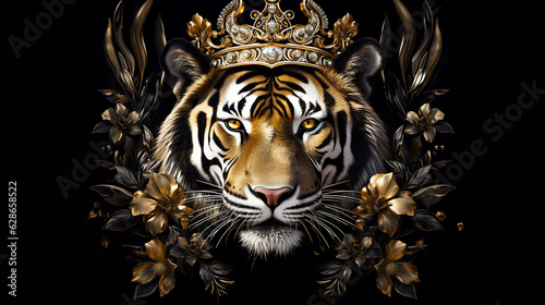 rei tigre com coroa de rei dourado arte de luxo folhas douradas, fundo preto,