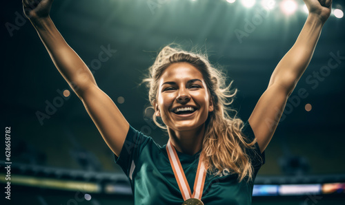 Female soccer player celebrating winning a match with their arms in the air