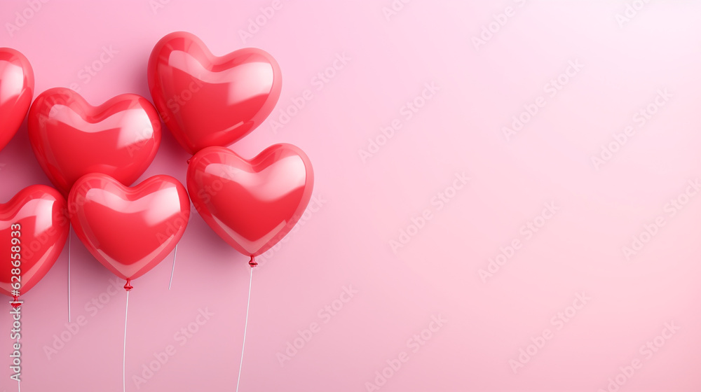 Balões em forma de coração vermelho no centro sobre fundo rosa, celebração do dia de São Valentim
