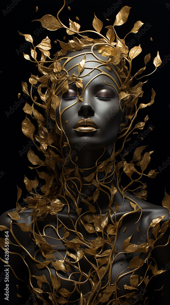 
raízes mulher luxo arte folhas douradas, fundo preto
