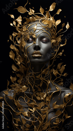  raízes mulher luxo arte folhas douradas, fundo preto