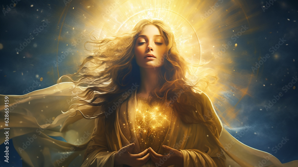 maria de nazaré mãe jesus envolta em aura dourada de prosperidade e amor