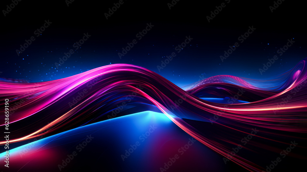 visualization illuminated by neon light. Glowing geometric shape, futuristic sci-fi shape of neon light on black background and reflective concrete with empty space for text. AI generation