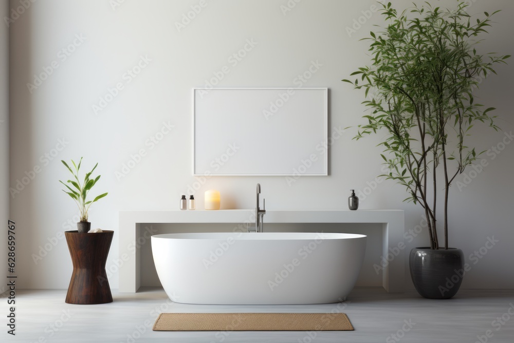 Fototapeta premium A minimalistic modern bathroom with standalone bathtub and shower, long sink and ficus plant. Interior design concept.