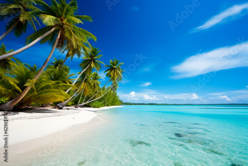 beach with palm trees and blue water  tropical island  beautiful in the world wallpaper  landscape and background. AI generation