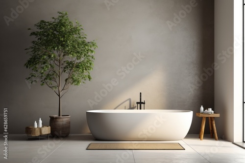 A minimalistic modern bathroom with standalone bathtub and shower, long sink and ficus plant. Interior design concept.